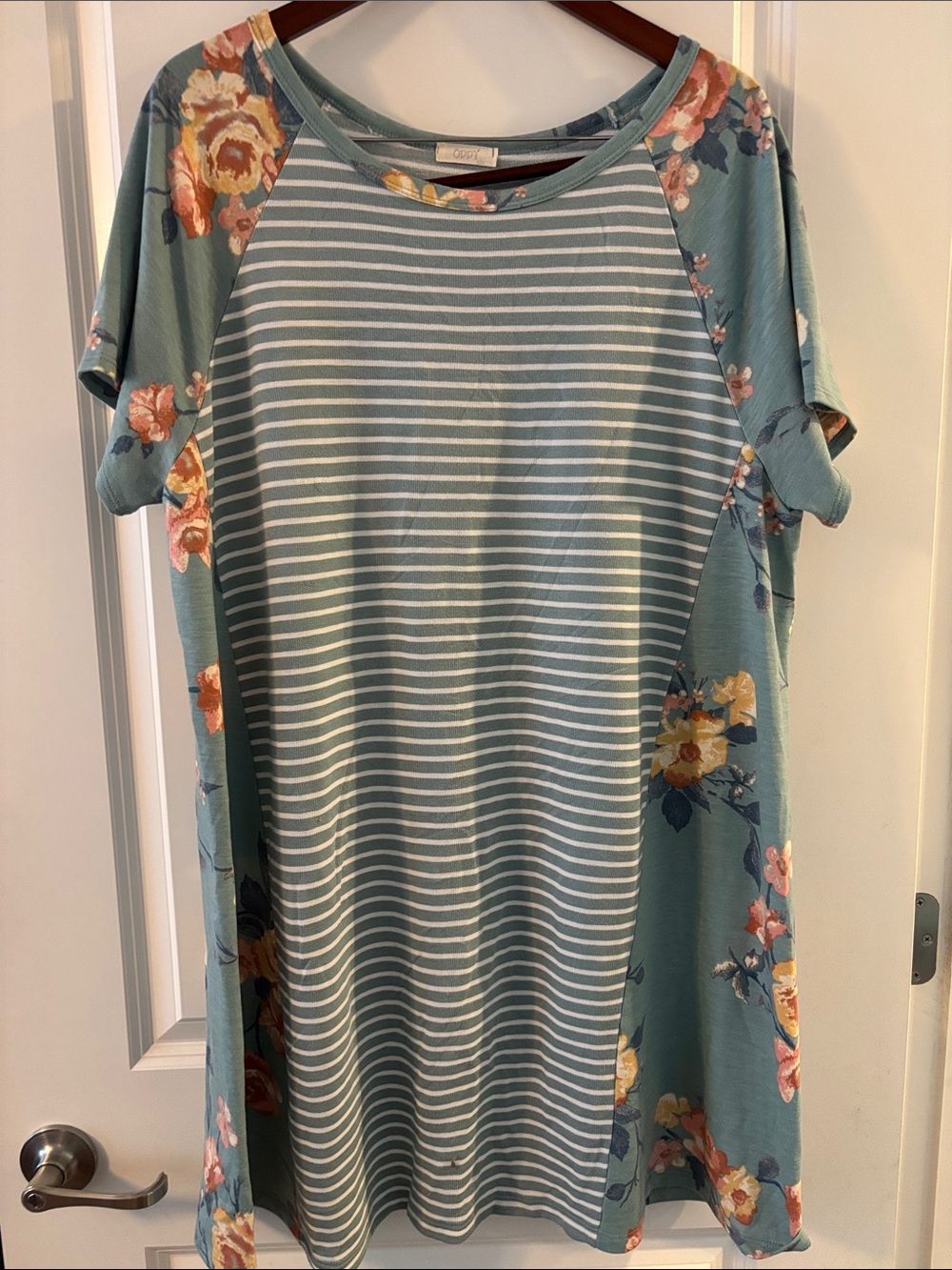 ODDY Sage Green Striped & Floral Mini Dress